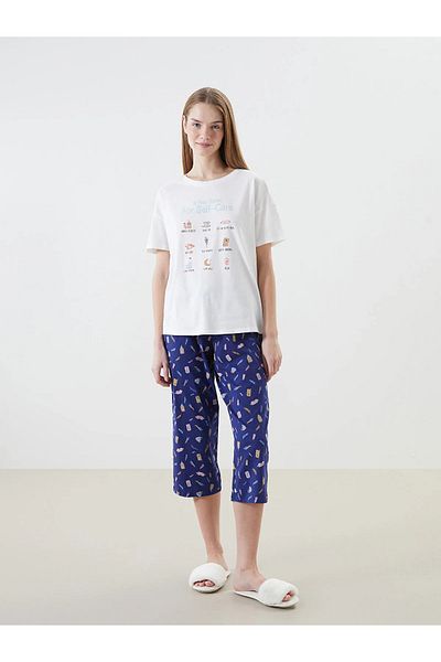 LC Waikiki Lcw Dreamnavy Blue Crew Neck Printed Women's Capri Pajama Set