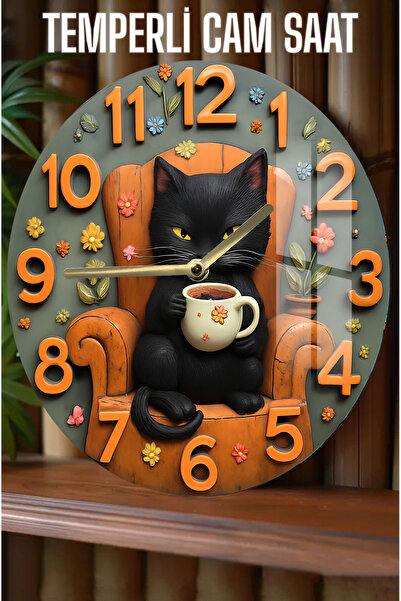 kutuTR Siyah Kedi ve Kahve Fincanı Desenli 3D Görünümlü Temperli Cam Saat – 33 cm CSDW237