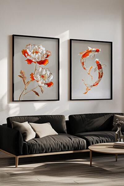 STARYUNA Set de pictură dublă cu cadru din lemn negru cu flori roșii și pești...