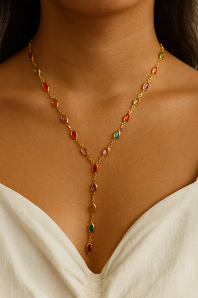 VATESTUGE Gold Color Y Necklace with Colored Stones – Elegant and Stylish Design