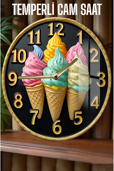 kutuTR Dondurma Tasarımlı 3D Görünümlü Temperli Cam Saat – 33 cm CSDW241