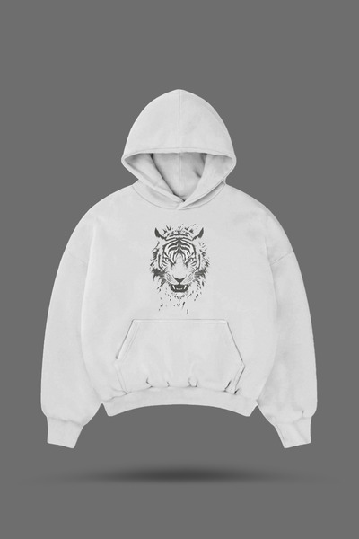 EVIus Hanorac alb oversize cu glugă cu imprimeu tigru