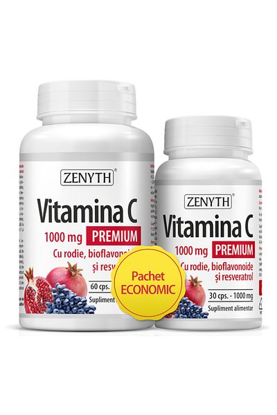 Zenyth Pharmaceuticals Vitamina C Premium cu rodie, bioflavonoide si resveratrol 1000 mg Pachet 60 +30capsule