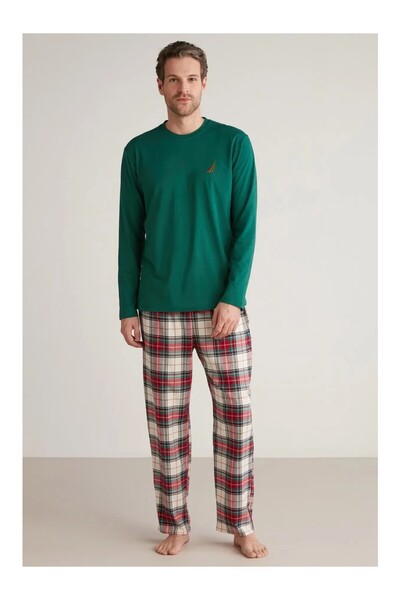 YUYİ N a U t L C a Bicycle Collar Long Sleeve Bottom Plaid Soft Textured Fabric Men's Pajama Set
