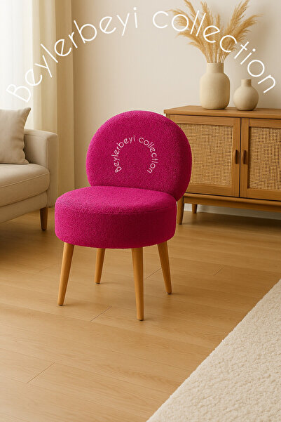 BEYLERBEYİ Makyaj masası pufu, sırtlı puf, fuşya renkli peluş kumaş, dekoratif puf ,