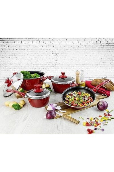 MAGEFESA MN 100% Spanish Cookware Set by Magefesa, 7 Pieces Non-Stick Red Cookware with 3 Glass Lids