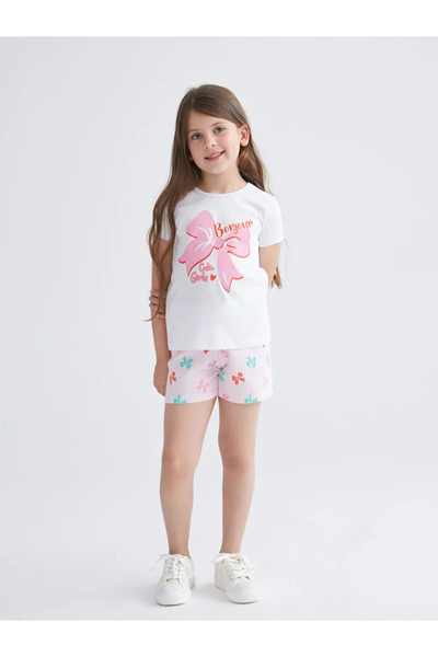 LC Waikiki Lcw Kidswhite Bow Printed Girls' Shorts Pajamas Suit