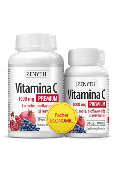 Zenyth Pharmaceuticals Vitamina C Premium cu rodie, bioflavonoide si resveratrol 1000 mg Pachet 60 +30capsule
