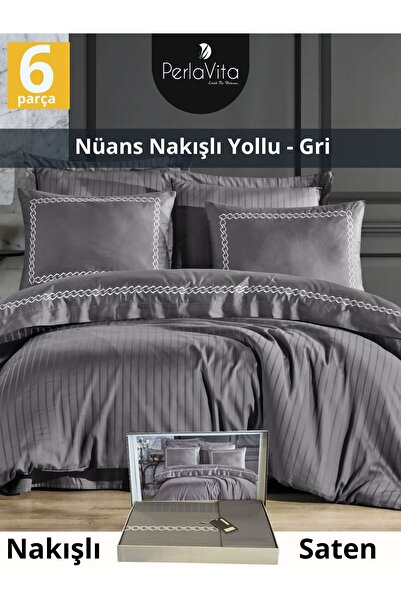 Dantela Nüans GRI Nakışlı Pamuk Saten Nevresim Takımı 6 parca