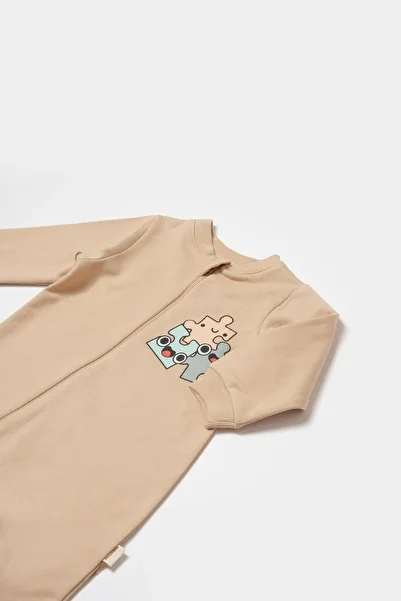 Magu Unisex Baby Cotton Beige Puzzle Patterned Jumpsuit