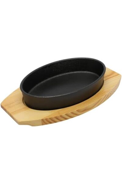 cc bin shihon Oval Cast Iron Skillet with Wooden Base, 21cm x 14cm | Oven Safe Roasting Pan