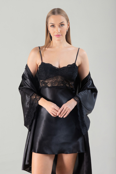 Lunoche Nightwear Kadın Lüks Saten Güpür Dantel Detaylı Çeyizlik Siyah Geceli...