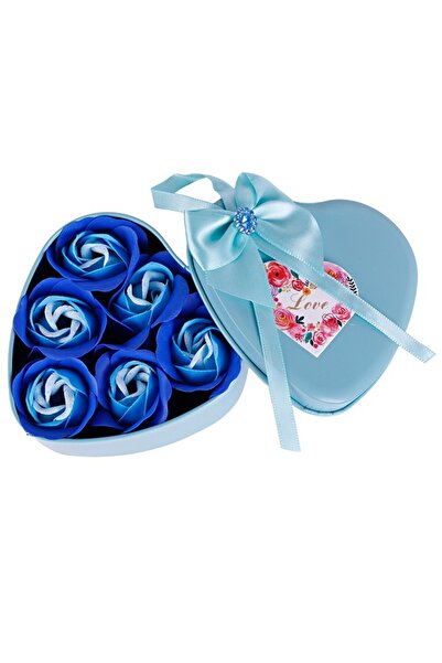 SSMEDIA Set 6 trandafiri de săpun în cutie metalică în formă de inimă, albastră
