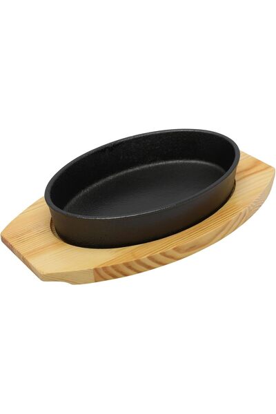 cc bin shihon Oval Cast Iron Skillet with Wooden Base, 21cm x 14cm | Oven Safe Roasting Pan