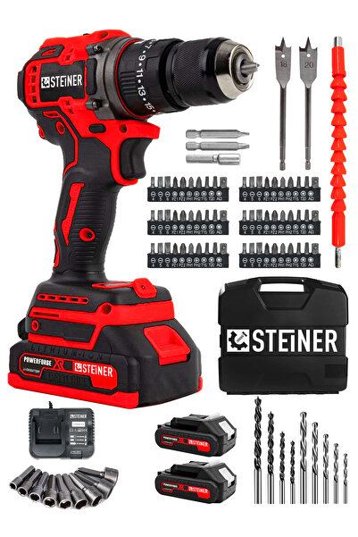 STEİNER 21v Çift Akü Kömürsüz Motor Çelik Mandren Darbeli Akülü Vidalama Şarjlı Matkap (84 Parça Usta Set)