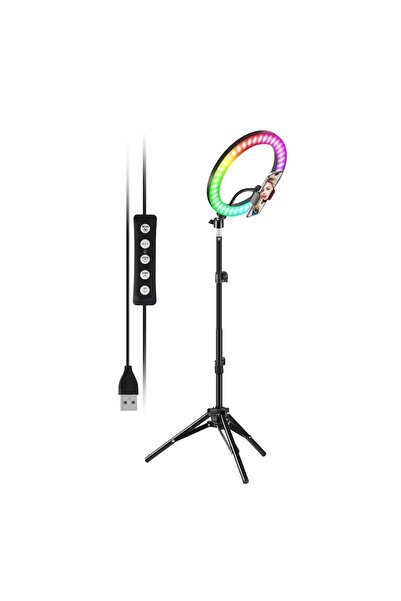 SSMEDIA RGB Selfie Ring multicolor 26cm, cu tripod 2.1m, cu suport de telefon, alimentare USB