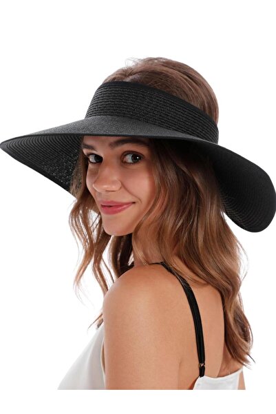 Lunisera Kadın Geniş Siperli Uv Korumalı Fiyonklu Hasır Vizör Şapka Siyah