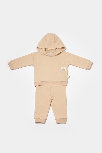 Magu Unisex Baby Cotton Beige Hooded Tracksuit Set - Sweatshirt and Bottom with Pocket Detail