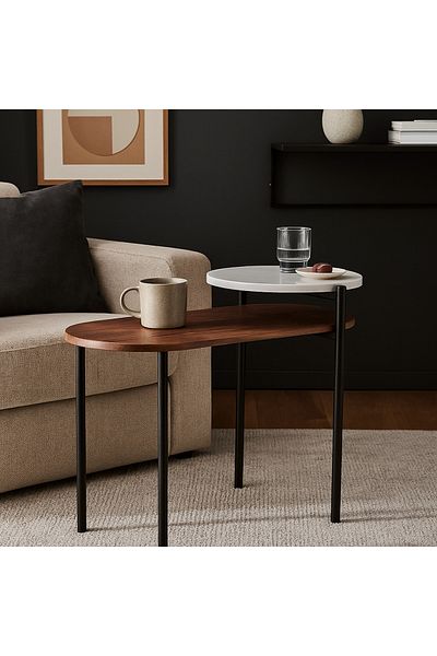 Vi Markets Single serving table - metal bases - oval wood top - round marble