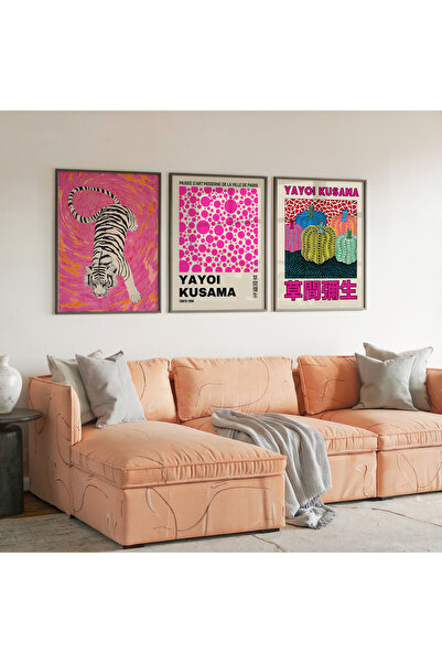 İkona Design Studio Yayoi Kusama Siyah Ahşap Çerçeveli 3'lü Poster Tablo Seti...