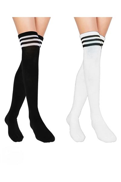 OEM Girls' long socks, set of 2 pairs, white and black, 50 cm long, one size (5-12 years)