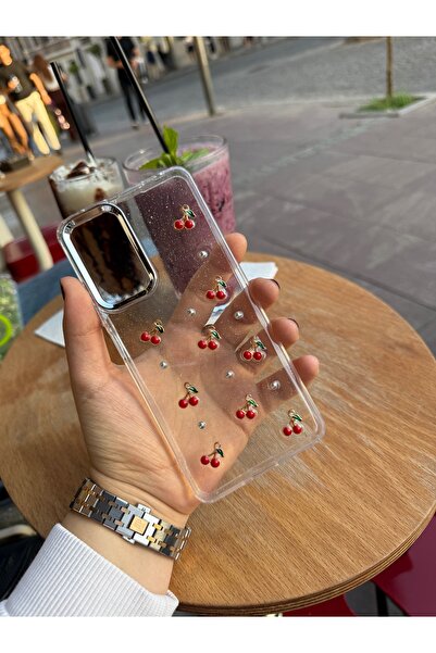 MustCase Samsung Galaxy S24 Fe Telefon Kılıfı Kiraz Desenli Şeffaf Kılıf Simli Parlak Kapak