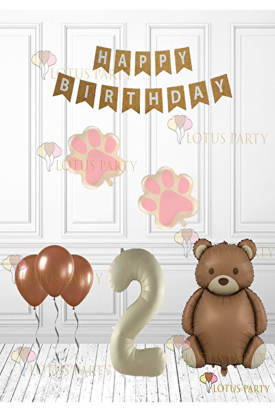 LOTUS PARTY Pink Color Paw - Retro Bear Foil Balloon - Retro Birthday Set - Kraft Happy Writing Age 2