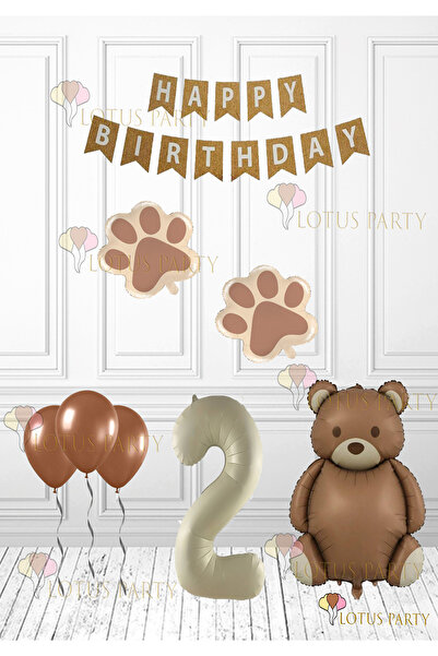 LOTUS PARTY Brown Paw - Retro Bear Foil Balloon - Retro Birthday Set - Kraft Happy Writing Age 2