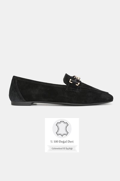 TUNAELLİ Women's Black Suede Genuine Leather 36-41 Number Buckle Ballet Flat