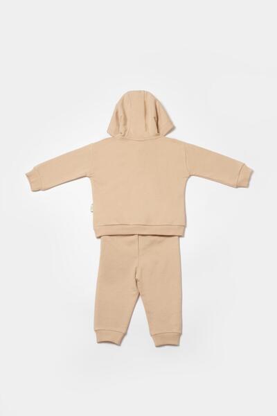 Magu Unisex Baby Cotton Beige Hooded Tracksuit Set - Sweatshirt and Bottom with Pocket Detail