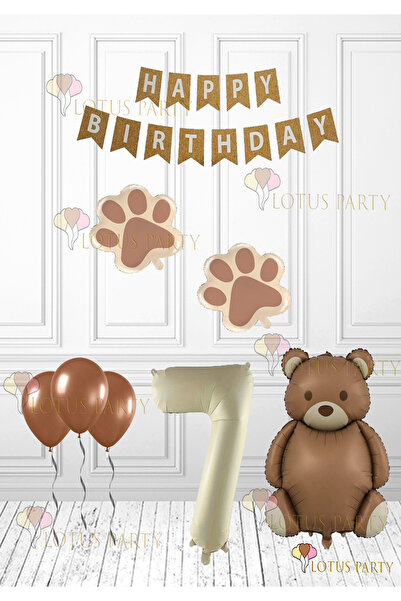 LOTUS PARTY Καφέ Πόδι - Ρετρό Μπαλόνι Αρκούδας - Ρετρό Σετ Γενεθλίων - Kraft Happy Writing 7 ετών