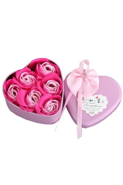 SSMEDIA Set 6 trandafiri de săpun, în cutie metalică în formă de inimă, roz