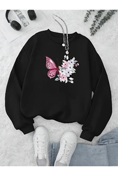 FUFLUNS سويت شيرت برقبة دائرية للجنسين مطبوع عليه فراشات وزهور