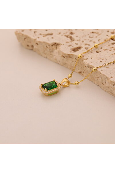 Craftique 925 Ayar Gümüş Altın Kaplama Dikdörtgen Zirkon Taş Çerçeveli Yeşil Taşlı Zarif Kadın Kolye