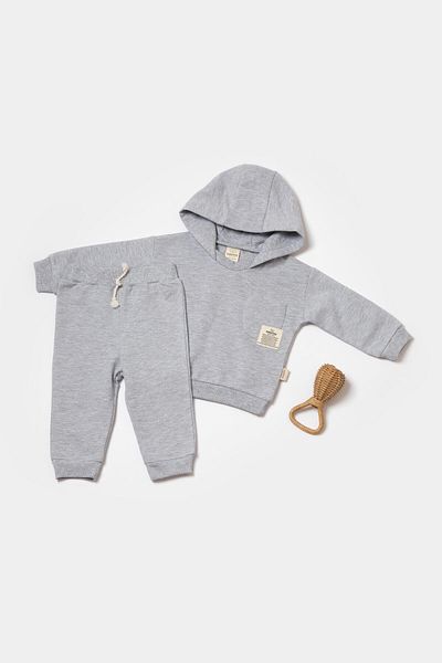 Magu Unisex Baby Cotton Gray Hooded Tracksuit Set
