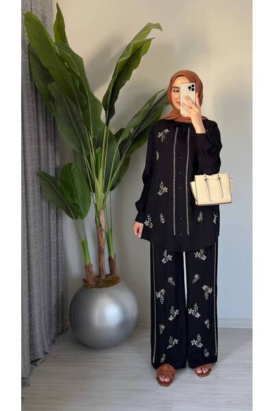 Molly Nelly Women's Flower and Stone Embroidered Design Shirt Pants Suit