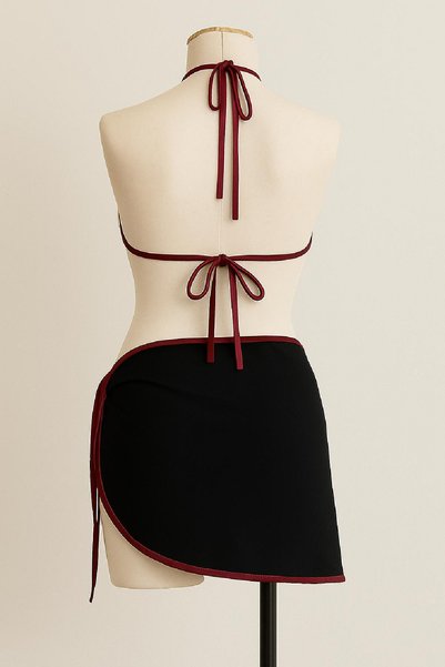 MİLANDORE Women's Burgundy Black Pareo Side and Neck Tie 3-Piece Bikini Set