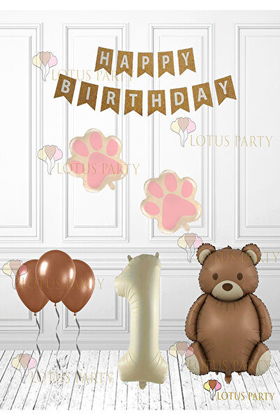 LOTUS PARTY Pink Color Paw Retro Bear Foil Balloon - Retro Birthday Set - Kraft Happy Writing 1 Year Old
