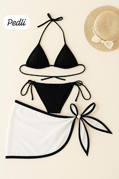 Marsilyan Women's Black and White Pareo Tie-Side and Neck Tie 3-Piece Bikini ...