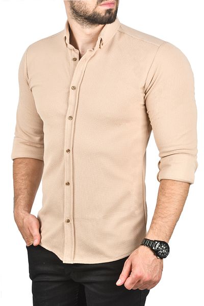 DeepSEA Camel Dotted Slim Fit Buttoned Lycra Long Sleeve Men's Shirt 2001810