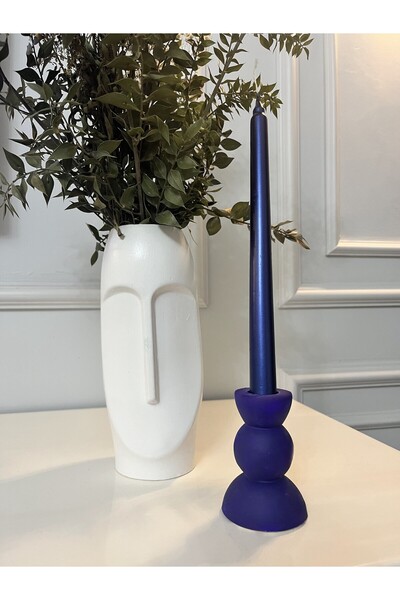 Verda Desing Dekoratif Lacivert Alçı-Beton Tasarım Boncuk Desenli Şamdanlık M...