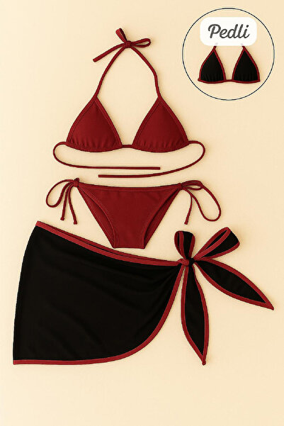 Marsilyan Women's Burgundy Black Pareo Tie Side and Neck Tie 3-Piece Bikini S...