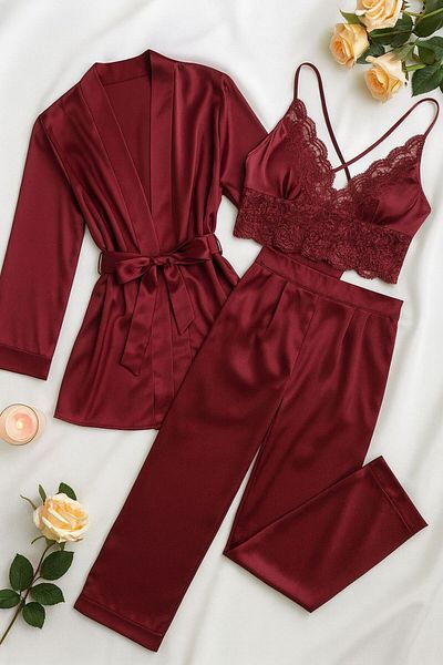 cdh çeyize dair herşey Burgundy Dream – Satin Dressing Gown 3 Piece Set