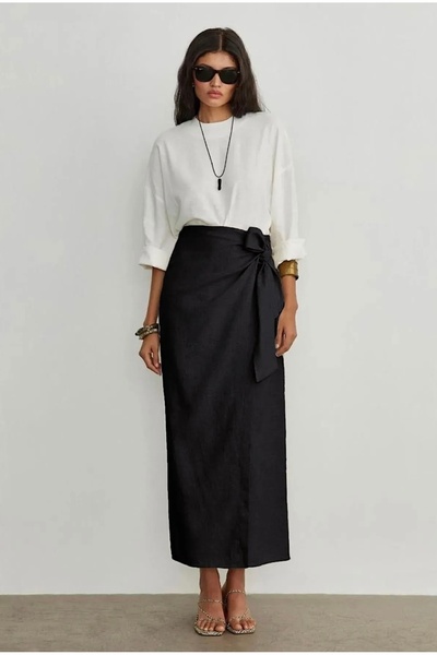NOVAFEMME Linen Blend Side Tie Lined Skirt