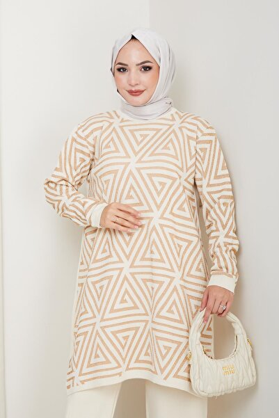 FATELLA Kadın Salaş Model Geometrik Desenli Tesettür Triko Tunik