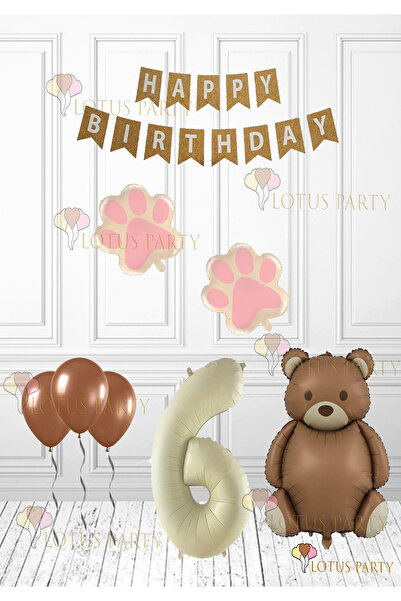 LOTUS PARTY Pink Color Paw - Retro Bear Foil Balloon - Retro Birthday Set - Kraft Happy Writing Age 6