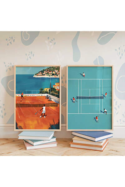 İkona Design Studio Tenis Ahşap Çerçeveli 2'li Poster Tablo Seti | Modern Sti...