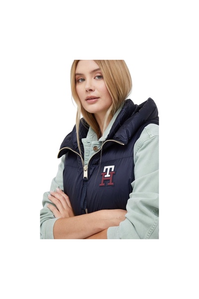 Tommy Hilfiger Lacivert Alaska Mono Down Vest Long Kaz Tüyü Kadın Kapüşonlu Yelek