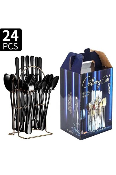 Generic 24-Piece Stainless Steel Cutlery Set with Stand – Matte Black Finish