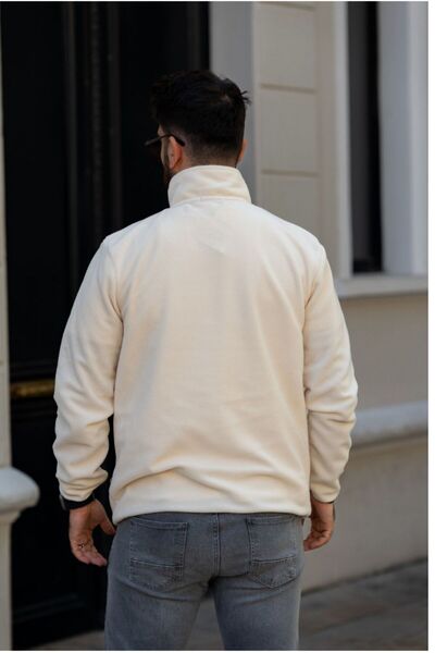 ManKlas Beige Fleece Sweatshirt with Zipper Pocket Detail on Polar Half Zipper Chest